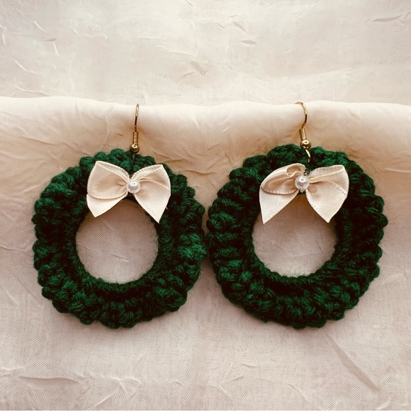 Hand Crafted Jewelry - Christmas Wreath Earrings | Crochet Jewelry | Gold-plated Fish Hook Earrings
